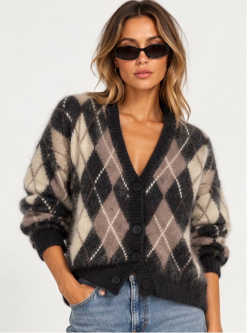 Argyle V-Neck Button Cardigan Sweater - Black & Cream